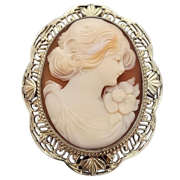 Symmetalic Sterling 12K Gold Shell Carved Cameo Brooch Pendant, Signed - Picture 2 of 11